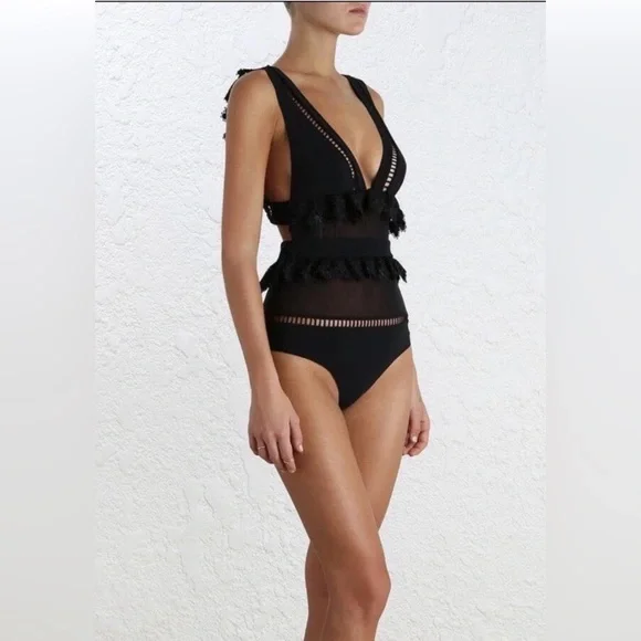 Zimmermann Alchemy Bonded Flutter One Piece Swimsuit lace mesh Size XL BLACK - Picture 2 of 10
